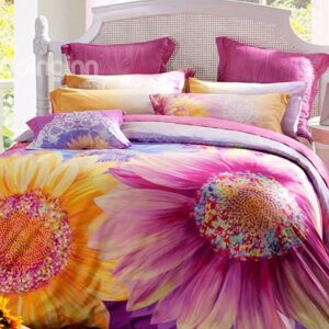 Pink and Yellow Sunflowers Print 4-Piece Cotton Duvet Cover Sets