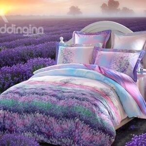 Lavender Field Print 4-Piece Soft Cotton Duvet Cover Sets