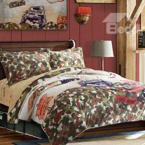 Camouflage and Map Print 4-Piece Cotton Duvet Cover Sets