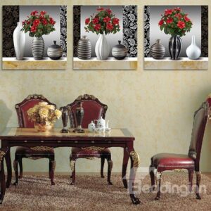 Red Flowers with Leaves 3-Piece Crystal Film Art Wall Print
