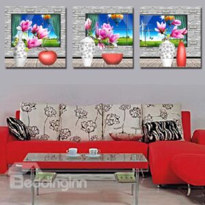 Pink Flowers with Red Vase 3-Piece Crystal Film Art Wall Print