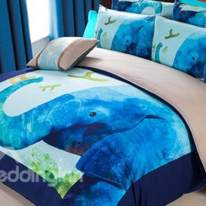 Cartoon Blue Elephant Print 3-Piece Superfine Fiber Duvet Cover Sets