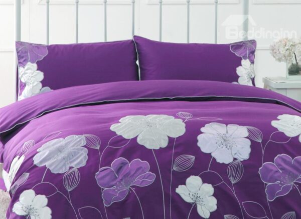 Purple Flower Embroidery 4-Piece Cotton Duvet Cover Sets