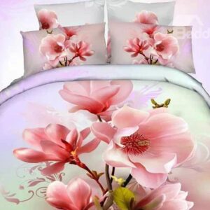 Delicate Pink Flower Print 4-Piece Cotton Duvet Cover Sets