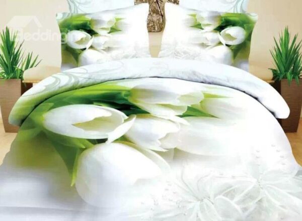 White Tulip Print 4-Piece Cotton Duvet Cover Sets