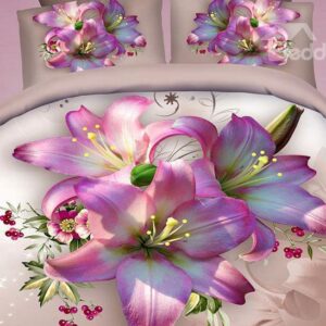 Excellent Pink Lily Print 4-Piece 100% Cotton Duvet Cover Sets