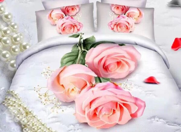 Pink Rose and Precious Pearl Print 4-Piece Cotton Duvet Cover Sets