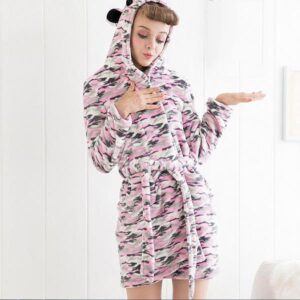 Chic Pink Camouflage Plush Flannel Bathrobe for Female
