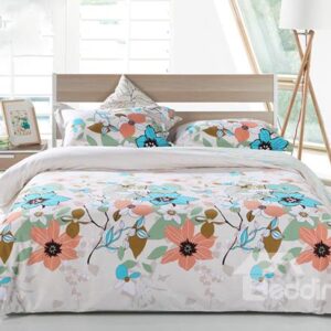 Elegrant Flower Print 4-Piece Cotton Duvet Cover Sets