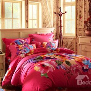 Amazing Red Flower Pattern 4-Piece Cotton Duvet Cover Sets