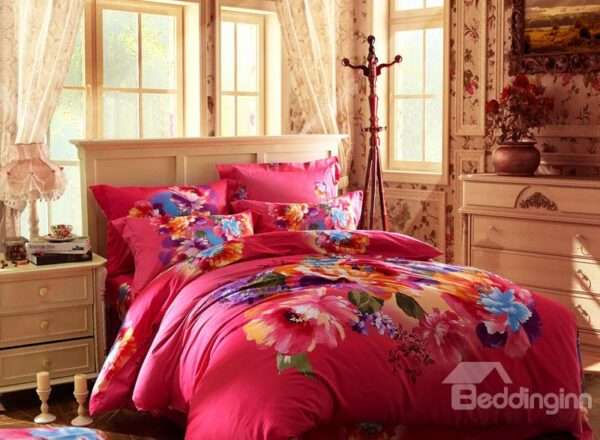 Amazing Red Flower Pattern 4-Piece Cotton Duvet Cover Sets