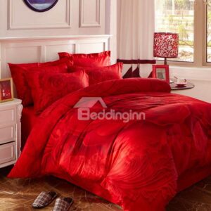 Big Red Rose Print 4-Piece Cotton Duvet Cover Sets