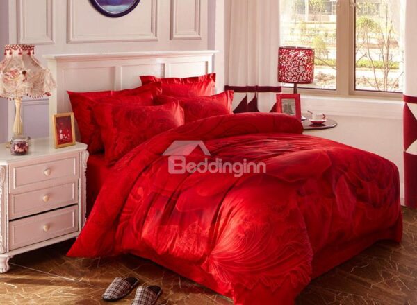 Big Red Rose Print 4-Piece Cotton Duvet Cover Sets