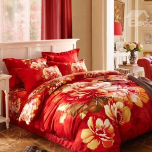 Luxurious Flower Print 4-Piece Cotton Duvet Cover Sets