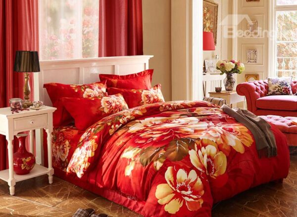 Luxurious Flower Print 4-Piece Cotton Duvet Cover Sets