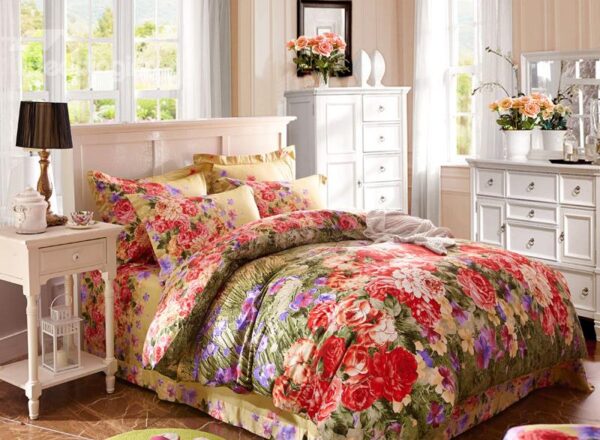 Blooming Flower Print 4-Piece Cotton Duvet Cover Sets