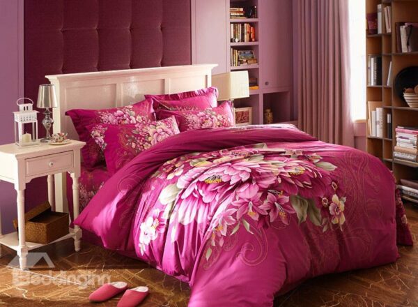 Red Flowers Print 4-Piece Cotton Duvet Cover Sets