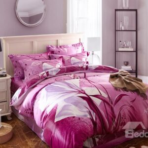 Elegant Flowers and Leaves Print 4-Piece Cotton Duvet Cover Sets
