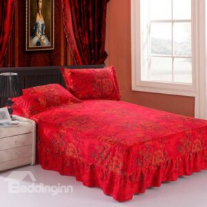 Auspicious Riches and Honour with Flowers Printed Cotton Bed Skirt