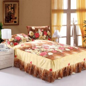 High Quality Flowers in Blosoom Yellow and Brown Cotton Bed Skirt