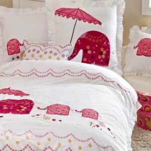 Pink Elephant with Umbrella 3-Piece Cotton Duvet Cover Sets