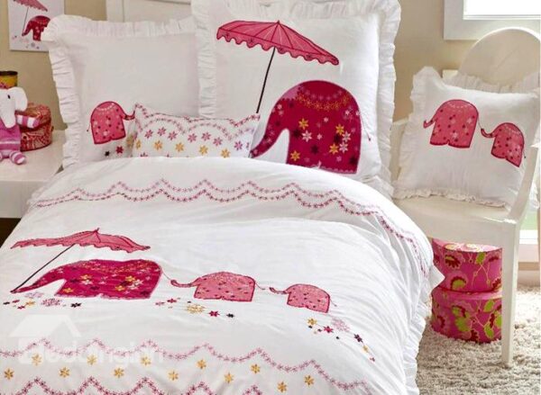 Pink Elephant with Umbrella 3-Piece Cotton Duvet Cover Sets