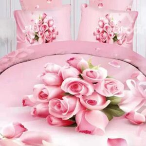 Pink Rose Bouquet Print 4-Piece Cotton Duvet Cover Sets