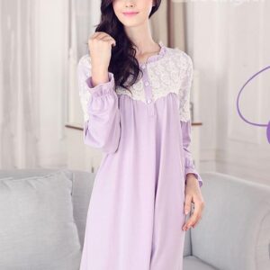 Lilac Comfy Cotton Lace Romantic Shoulder Long Sleeves Nightgown