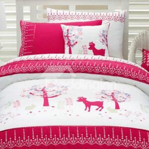 Flower Tree and Deer Print 3-Piece Cotton Duvet Cover Sets