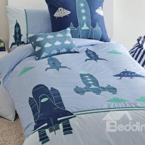 Cartoon Rocket Applique 3-Piece Cotton Duvet Cover Sets