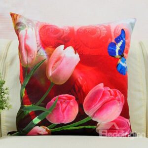 Fresh Tulips and Butterfly Printed Throw Pillow