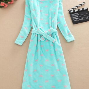 Comfy Belted Animal Pattern Round Neck Long Sleeves Nightgown