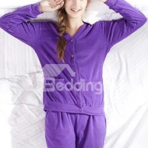 Solid Color V Neck Button Closure Fleece Pajamas