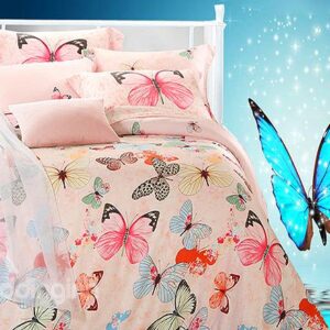 Colorful Butterfly Print 4-Piece Tencel Reversible Duvet Cover Sets