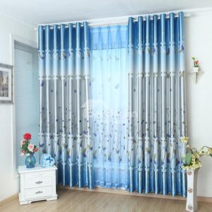 New Arrival Fancy Blue Cute Plant Printing Grommet Top Curtain