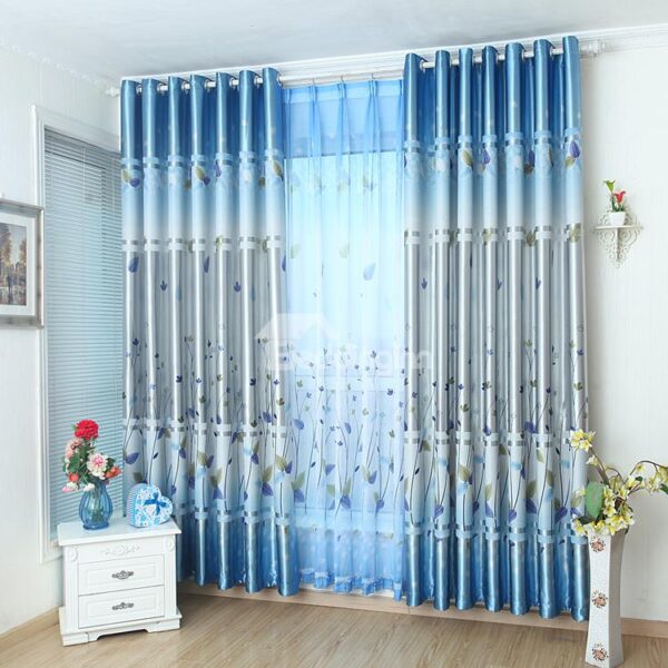 New Arrival Fancy Blue Cute Plant Printing Grommet Top Curtain