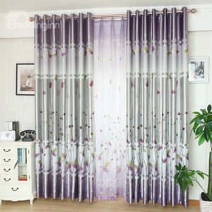 New Arrival Silver Gray Cute Plant Printing Grommet Top Curtain