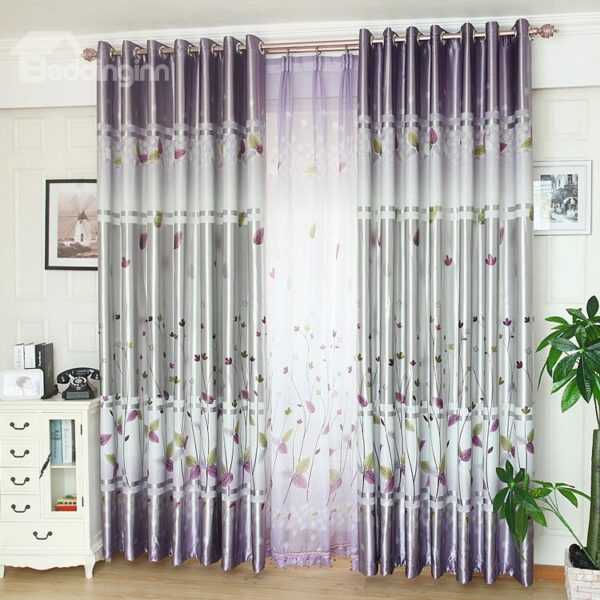 New Arrival Silver Gray Cute Plant Printing Grommet Top Curtain