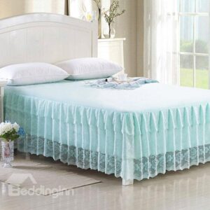 Light Blue Hollow Out Lace Corner Polyster Bed Skirt