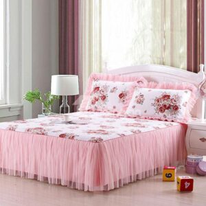 Beautiful Flowers Printed Lace Corner Cotton Bed Skirt