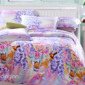 Pink and Blue Rose Print 4-Piece Tencel Duvet Cover Sets