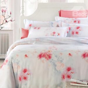 Red Plum Flower Print 4-Piece Tencel Duvet Cover Sets
