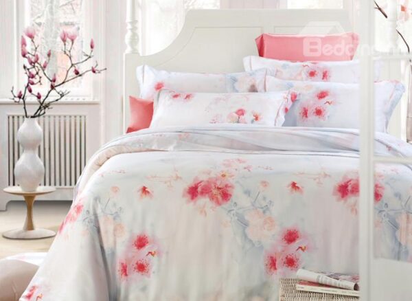 Red Plum Flower Print 4-Piece Tencel Duvet Cover Sets