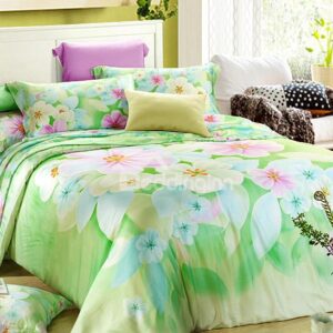 Fresh Green Flower Print 4-Piece Tencel Duvet Cover Sets