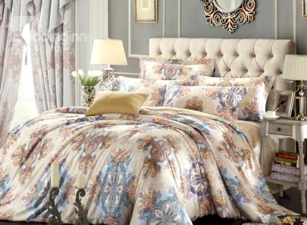 Luxury Paisley Flower Print 4-Piece Tencel Duvet Cover Sets
