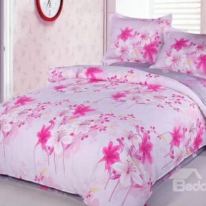 Pink and White Lily Print 4-Piece Cotton Duvet Cover Sets