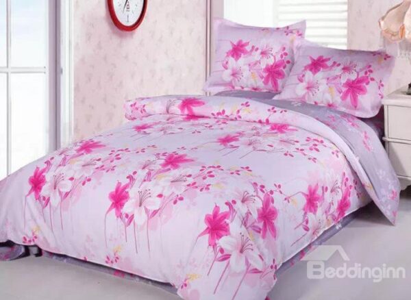 Pink and White Lily Print 4-Piece Cotton Duvet Cover Sets