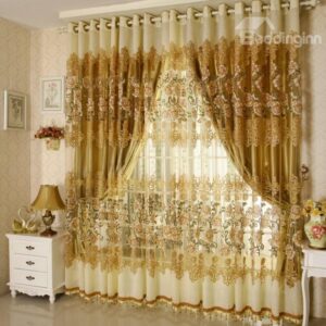 Luxury Golden Floral Pattern Jacquard Looped Custom Sheer Curtain