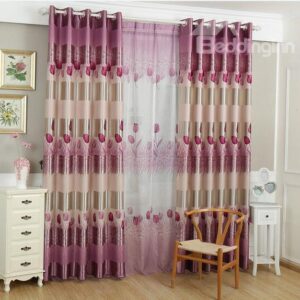 Pretty Vivid Tulip Print Purple Color Grommet Top Curtain