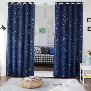 Stylish Navy Color Cute Stars Printing Grommet Top Curtain